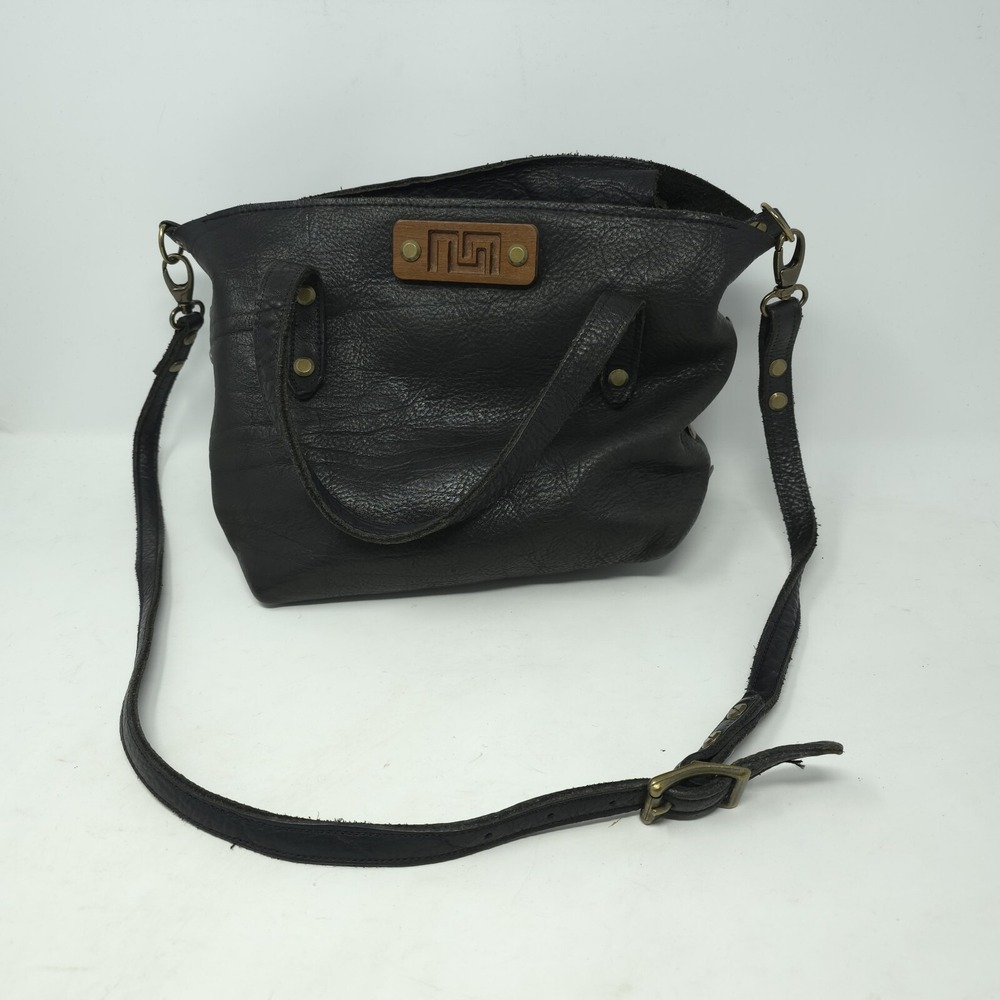 Artisan Black Pebbled Leather Crossbody Bag Wood Logo Brass Studs Handcrafted